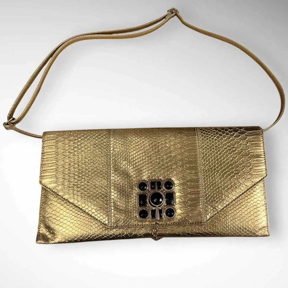 NILA ANTHONY Metallic Gold Large Clutch With Detachable‎ Strap | EUC